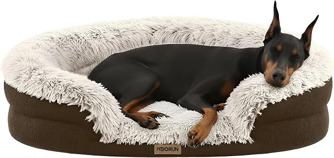 Fluffy Orthopedic Dog Beds Large Sized Dog, 48" Bolster Sofa Bed | Soft plush faux fur,lowered entry,washable cover,waterproof liner,claming dog couch for x-large dogs,supportive bolster
