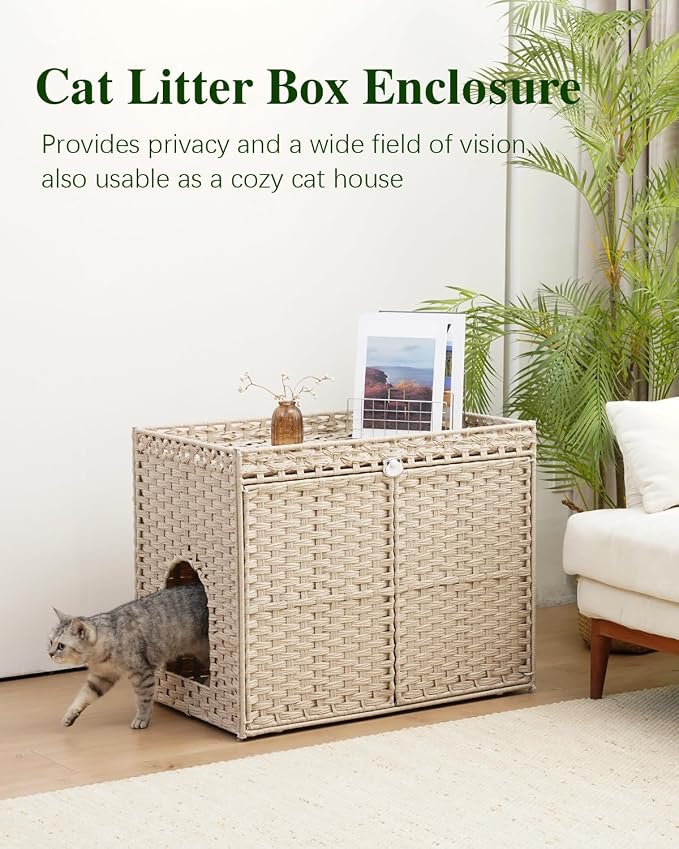 SETVSON Cat Litter Box Enclosure, XL Hidden PE Rattan, Light Khaki | Spacious Double Door PE Rattan, Spacious Nightstand & Cat Perch with Double Doors, Fits Big Litter Tray,2 S-Hooks Metal Frame