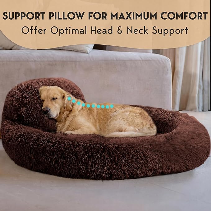 PetJett XL Dog Beds for Large Sized Dog - 45'' Extra Large Dog Bed, Anti-Slip & Washable Super Soft Round Donut Bed, Fluffy Faux Fur Anti-Anxiety Premium Comfort Pet Bed, Fits Dogs up to 120 lbs