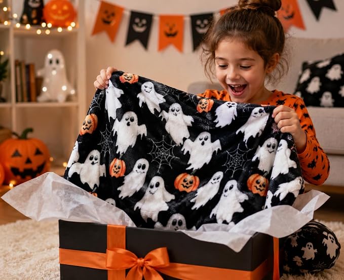Halloween Cute Fleece Throw Blanket, Jack-O-Lanterns, Ghosts & Webs, 50x70 | Ultra-soft cozy flannel fleece, for sofa couch bed chair & dorms, spooky Halloween décor, durable and machine washable.