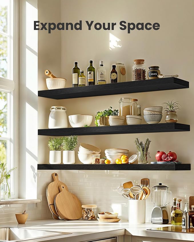 AMADA HOMEFURNISHING 47.2" L Floating Shelves, Wall Shelves Set of 3 for Bathroom/Living Room/Bedroom/Kitchen, Black Floating Shelves for Wall Decor with Invisible Brackets - AMFS55B