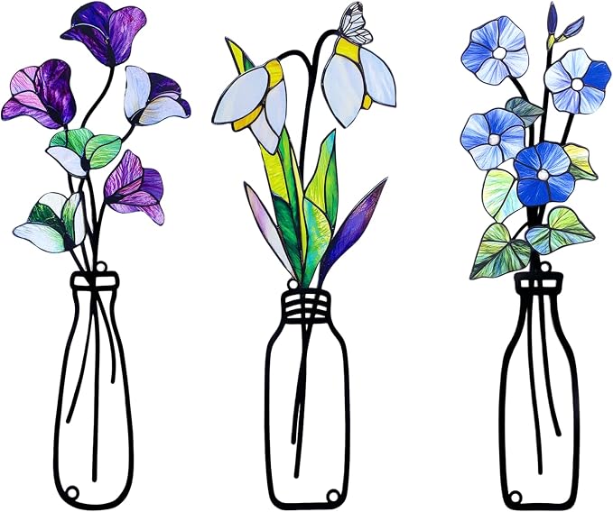 3 Pcs Metal Flowers Wall Arts,Metal Vase Wall Art,Iron Art Painting,Rustic Farmhouse Decor Minimalist Flower Wall Decor for Bedroom Bathroom Living Room Dining Room (Set G)