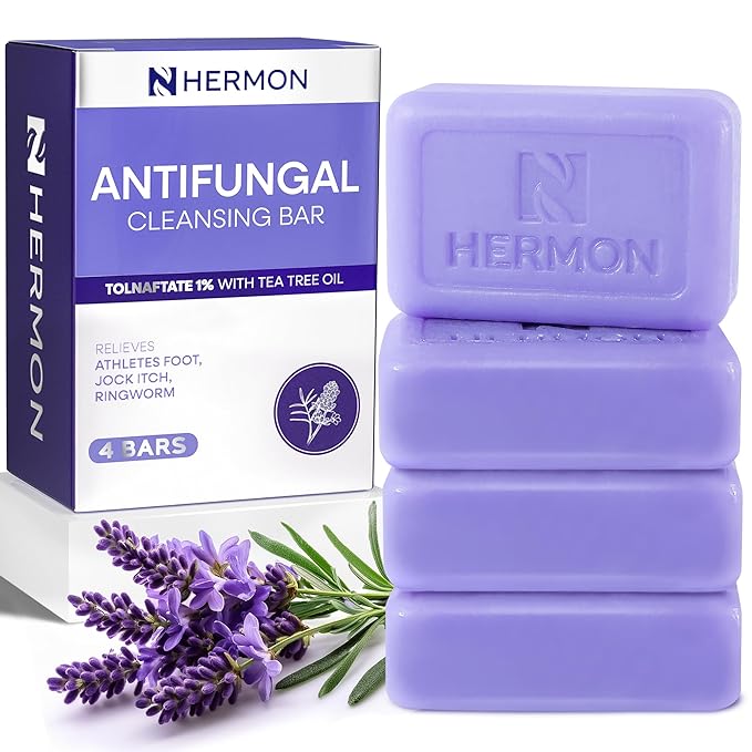 Hermon Antifungal Soap with Tea Tree Oil: Antifungal Bar Soothing Care & Relief of Itchy for Ringworm, Jock Itch, & Athletes Foot - Body & Face Wash - Lavender - 4 Pack