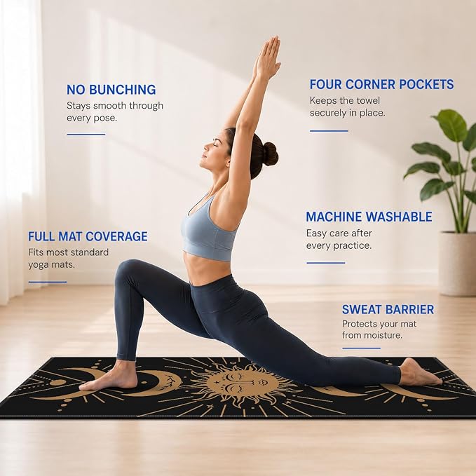 Yoga Mat Towel, Black Hot Yoga Non Slip Corner Pockets, 74 x 26 in | Soft Absorbent Microfiber With Four Corner Pockets, Fits Over Yoga Mats For Hot Yoga, Pilates, Gym, And Travel