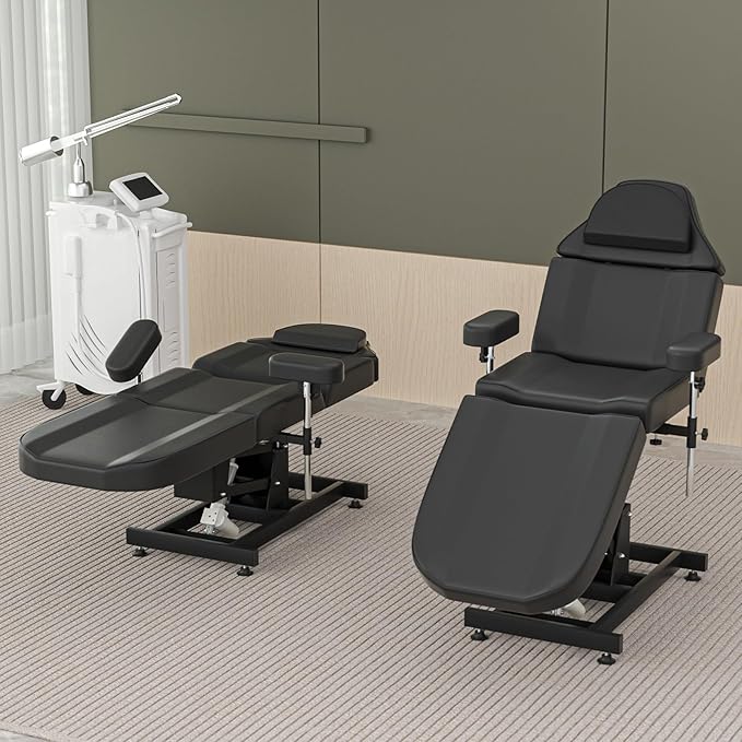 Fully Electric Tattoo Chair Bed for Client with 3 Motor & Adjustable Armrests Black Facial Beds for Esthetician w/Headrest for Spa