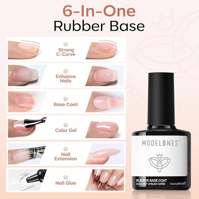 modelones Rubber Base Builder Nail Gel Polish, 6 French Tip Base Color Nude White Baby Milky Pink Strengthener Apex Building Extension Protect Weak Nails Long Last U V Manicure Gift for Women
