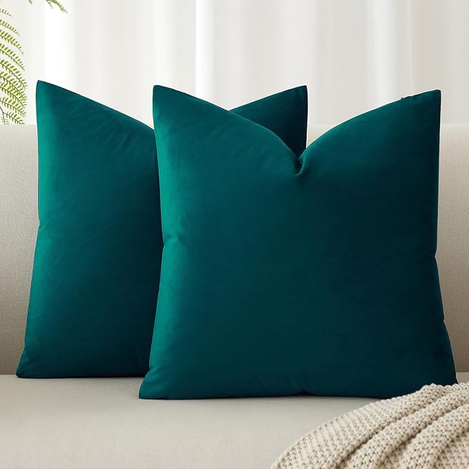 JUSPURBET 16x16 Decorative Velvet Throw Pillow Covers Set of 2,Peacock Blue | Modern Soft Cushion Covers Cases with Hidden Zipper for Couch Sofa Bed Living Room Bedroom Home Decor
