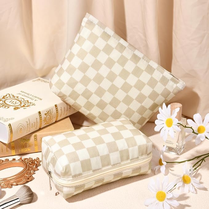 SOIDRAM 2 Pcs Checkered Makeup Bag Large Cosmetic Bag Toiletry Bag Makeup Pouch Travel Bag Organizer Cute Makeup Brushes Aesthetic Accessories Storage Bag for Women Brown Checkered