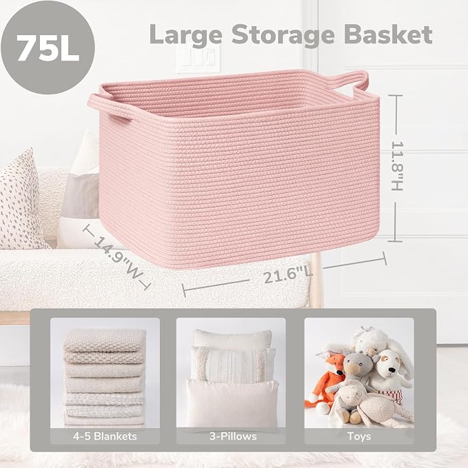 Goodpick Large Woven Rope Blanket Basket, Rectangle, Pink, 75L | 21.6'' x 14.9'' x 11.8'' Storage Basket for Toys & Blankets, Living Room, Bedroom & Nursery Organization, Reinforced Handles
