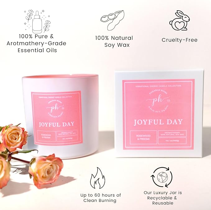 Extra Large Candle – Joyful Day | Hand-Poured Soy Candle with Freesia & Rosewood | 14.1 oz (400g) 60 Hours| Vegan, Clean Burn, Aromatherapy | Gift for Women, Self-Care