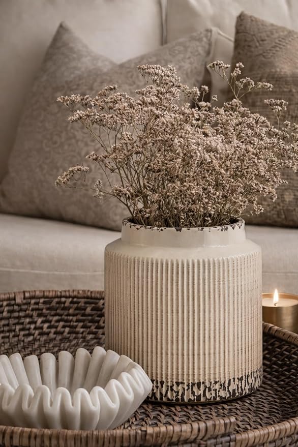 SIDUCAL Ceramic Vintage Rustic Terracotta Vase, 6.77 Inch Farmhouse Decorative Pottery Vase Wide-Mouth Vases for Home Decor, Living Room, Bookshelf, Bedroom, Bathroom, Kitchen, Antique Beige