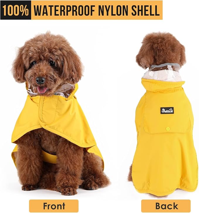 Lukovee Dog Raincoat, Waterproof Rain Jacket, Clear Hood & Reflective Rim | Easy On Off Adjustable Straps, Leash Hole, Soft Mesh Lining, Storage Pocket, Poncho for Small Medium Large Dogs (Yellow, S)