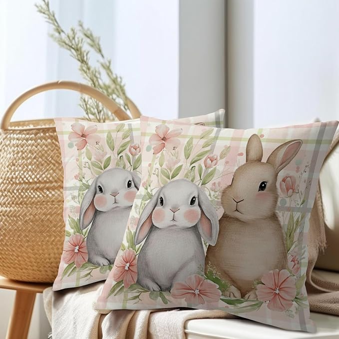 Easter Bunny Pillow Covers 18x18 Inch Spring Rabbit Floral Decorative Pillow Cases Pink Plaid Throw Pillows Set of 2 Seasonal Modern Farmhouse Home Decor for Sofa Couch Outdoor