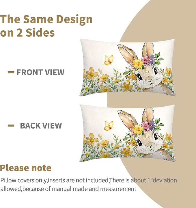 Spring Easter Bunny Lumbar Pillow Covers 12x20 Inch Set of 2 Watercolor Yellow Floral Leaf Rabbit Throw Pillow Cases Outdoor Linen Square Cushion Cover Farmhouse Decor for Bedroom Home Sofa Couch Bed