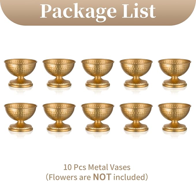 Sziqiqi Gold Urn Vase for Flowers, Wedding Table Compote Vase, 4.3in, 10Pcs | Hammered Vintage Urn Vase, Wedding Table Decoration Centrepieces Set, For Artificial Flowers,Party, Home Decor, Anniversary