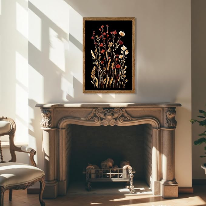 JLTULT Black Floral Wall Art, Vintage Wildflower Framed Canvas, 20 x 30 in | Black-background wildflower art on fade-resistant canvas with a ready-to-hang solid wood frame for bedrooms and bathrooms