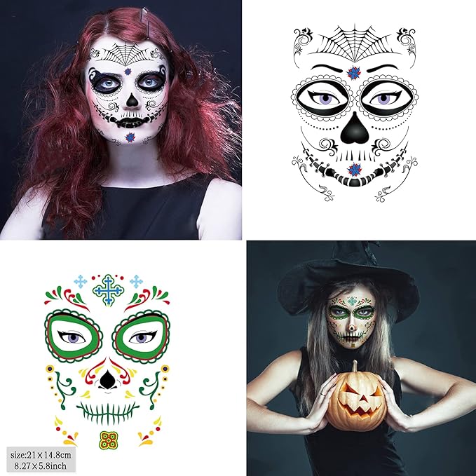 20 Sheets Day of the Dead Face Sugar Skull Tattoos,Including 8 Large Sheets Halloween Temporary Face Tattoos, Halloween Sugar Skull Face Tattoos