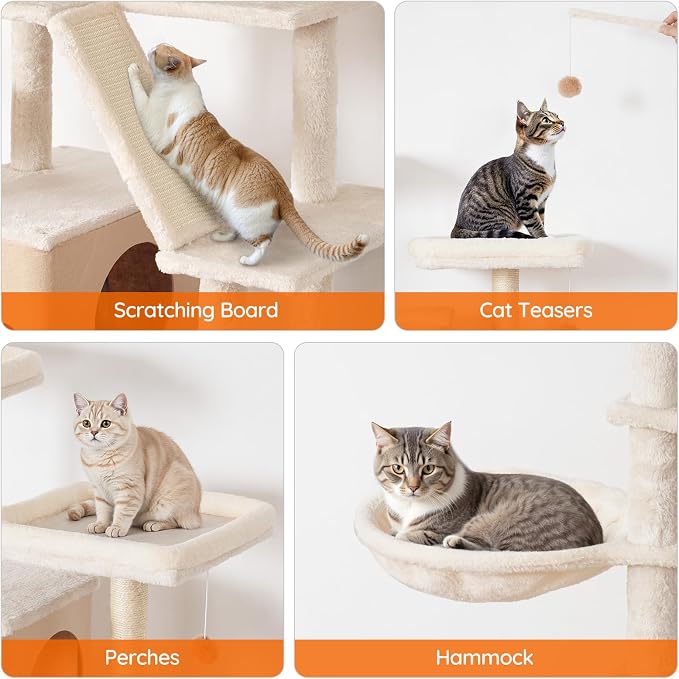 HOOBRO Double Litter Box Enclosure with Cat Tree, 45.3" L x 17.7" W x 68.9" H All-in-One Modern Cat Tower with Bed, Hidden Litter Box Enclosure Furniture, with Hammock, Sisal Posts, White WH22MZ03