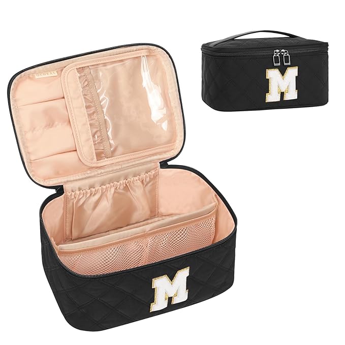 OCHEAL Makeup Bag Valentines Day Gifts for Women, Monogram Cosmetic Bag Black Travel Makeup Case Beauty Toiletry Bag Organizer Personalized Gifts for Girls Bridesmaid, Sister, Wife, Friends Initial M