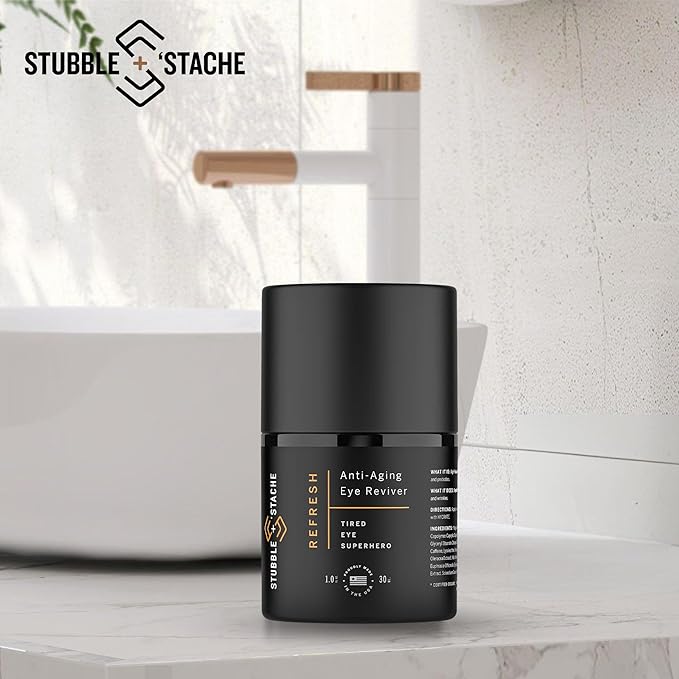 stubble & stache Refresh Under Eye Cream for Men – Reduces Puffiness, Smooths Fine Lines, Brightens Tired Eyes – With Acmella, Caffeine & Hyaluronic Acid – Fast-Absorbing, Fragrance-Free – 1oz