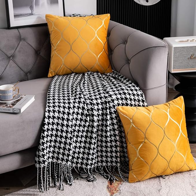 24x24 Inch Gold Velvet Throw Pillow Covers: 2 Pack Square Decorative Pillow Cases for Bedroom Sofa Couch Living Room, Yellow