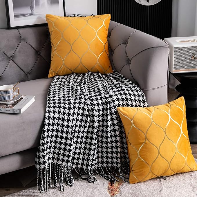 22x22 Inch Gold Velvet Throw Pillow Covers: 2 Pack Square Decorative Pillow Cases for Bedroom Sofa Couch Living Room, Yellow