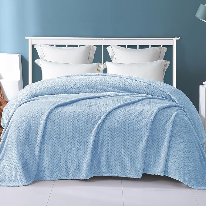 Exclusivo Mezcla Soft Fleece Bed Blanket Queen Size, 90”x90”, Light Blue | Cozy Fluffy Lightweight Blankets for Summer, Decorative Plush Flannel Throws for Living room, Bedroom with Leaves Pattern