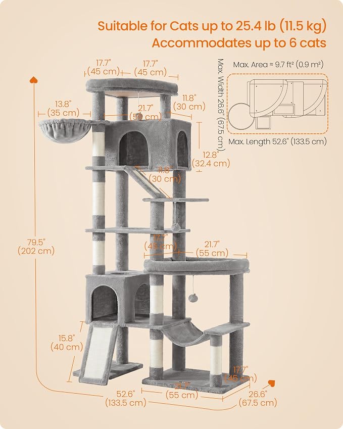 Feandrea Multi-Level Cat Tree for Large Cats, 79.5 inch Tall Cat Tower with 6 Resting Areas and Sisal Scratching Posts, 41.3 x 17.7 x 79.5 inch, Dove Gray Clawfy Collection UPCT020G101