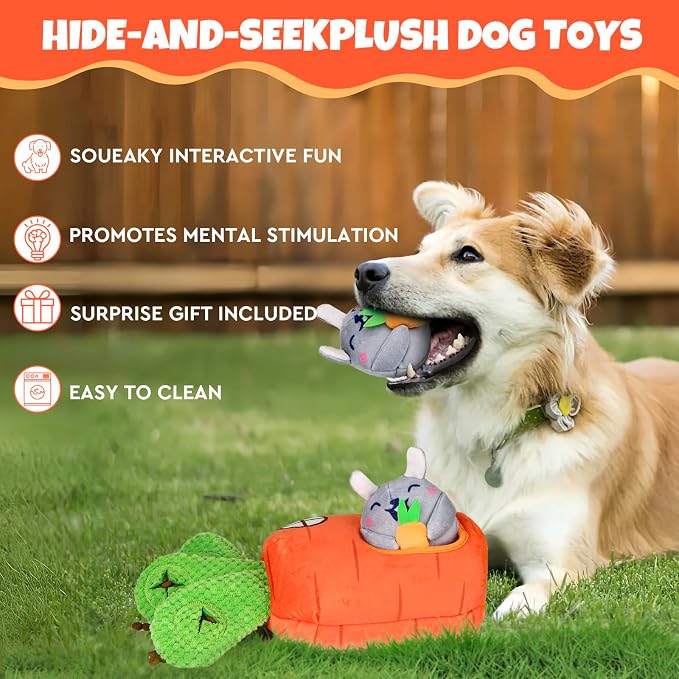 Interactive Hide and Seek Squeaky Dog Plush Toy for Small Dogs, Carrot and Bunny Set, 4 Pack Set