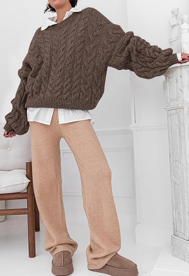 PRETTYGARDEN Womens Sweaters Spring 2026 Cable Knit Long Sleeve Crewneck Oversized Sweater Chunky Pullover Loose Outfits