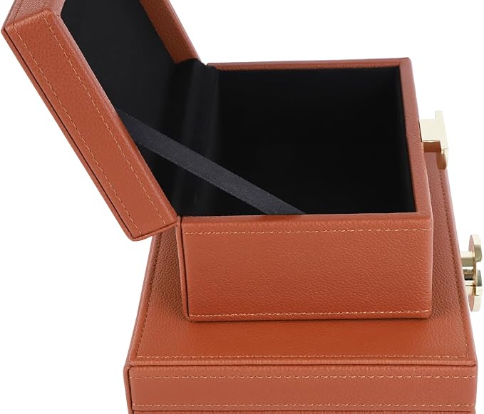HofferRuffer Faux Leather Jewelry Boxes, Decorative Boxes Storage Accessory Organizer with Gold Hardware Decor, Classic Vegan Leather Set of 2 Pieces (Brown)