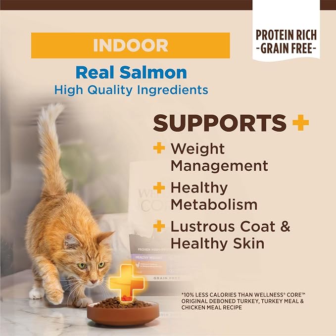 Wellness CORE+ Adult Dry Cat Food for Indoor Cats, Natural, Grain Free Kibble, Salmon and Herring Meal Recipe, 11 lb Bag