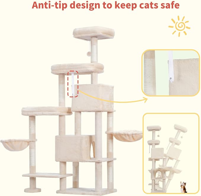 Hey-brother Cat Tree Tower with Stable Extended Base, 3 Platforms, MPJ038M | 70.9 Inches Multi-Level Sisal Scratching Posts, Wide Bed, 2 Cozy Condos, 2 Hammocks, Toy Balls for Indoor Cats, Beige