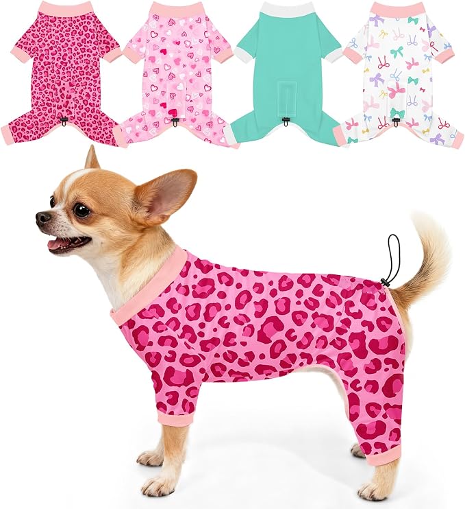 Bienbee Dog Pajamas, 4 Pack Adjustable Onesies for Small to Large Dogs XS | Dog Shedding Suit with Soft Fabric, Breathable & Stretchy, and Adjustable Back Length for Sleeping Lounging and Daily Use
