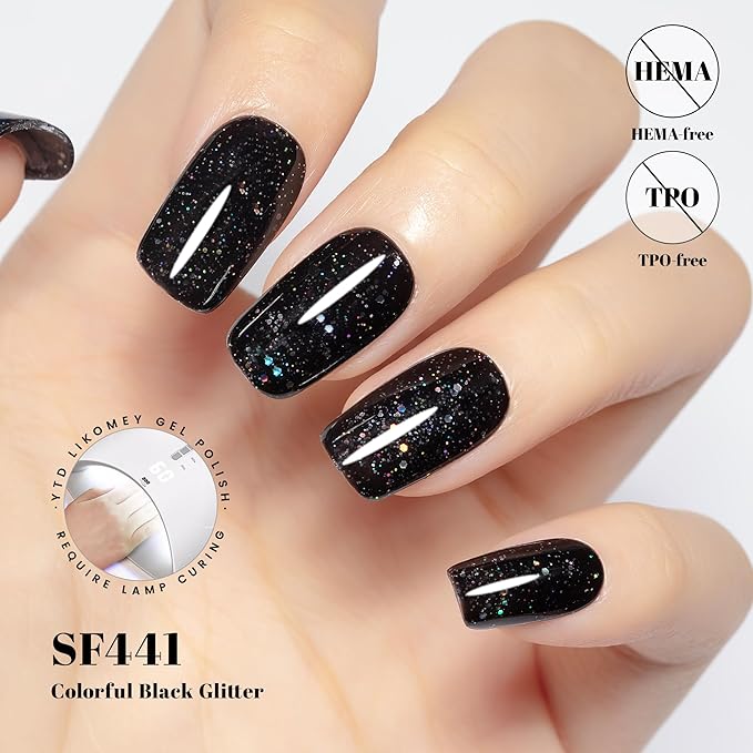 YTD Likomey Gel Nail Polish,15ml Colorful Black Glitter Nails Gel,Fall Winter Shiny Sparkly Salon Home DIY Manicure UV Color Varnish,HEMA Free TPO Free,SF441