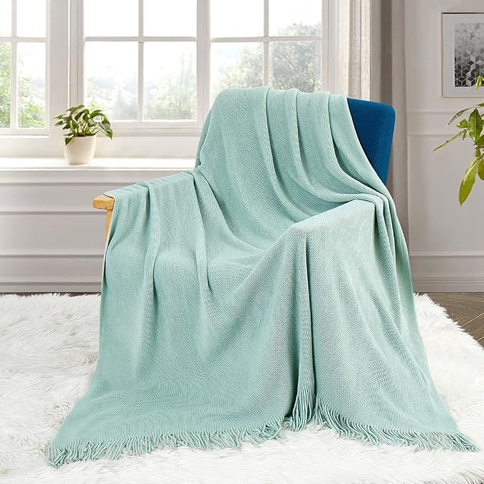 Homiest Light Green Knitted Throw Blanket with Fringe, 50x60 Inch | Pure Acrylic, Lightweight & Breathable, All-Season Use, Machine Washable, Wrinkle & Fade Resistant, for Couch Sofa And Bed