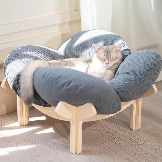 Elevated Cat Bed for Indoor Cats Couch Sofa Flower | Pet Beds with Soft Washable Cushion, Stable Wooden Frame, Raised Cat Hammock & Furniture for Kitty & Puppy All-Season(Gray)