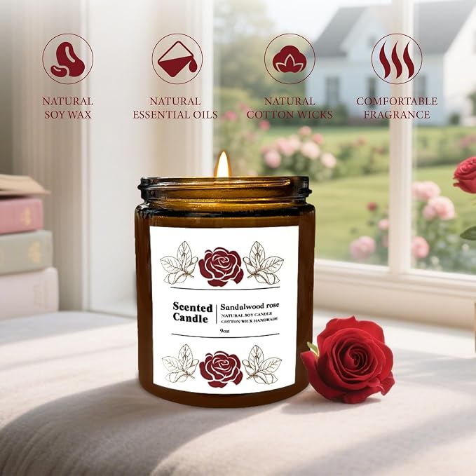Coniol Natural Sandalwood Rose Scented Candle for Home - Rich & Warm Aromatherapy for Home Relaxation, Holiday Decor & Stress Relief, Premium Soy Wax for Family Coziness