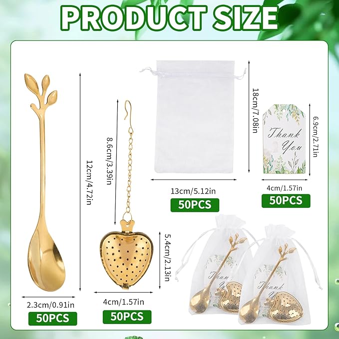 50 Sets Bridal Shower Tea Party Favor for Heart Shape Infuser Ball for Loose Guest Leaf Tea Spoon with Thank You Card Organza Bag Wedding Favors Tea Party Decorations Elegant Party Favors(Gold)