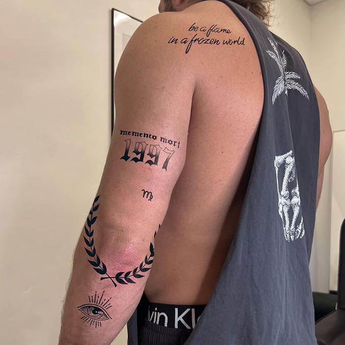 Semi Permanent Tattoo for Men, 2 Sheets Cool Tattoos(memento mori), Lasts 7-15 Days, Develops Fully in 48H, Realistic, Waterproof and Non-Reflective, for Arm Leg