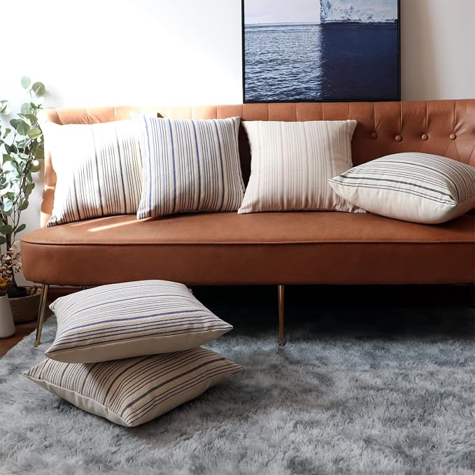 Gray Striped Outdoor Decorative Couch Throw Pillow Covers 12x20 | Pack of 2 Lumbar 12x20 in Farmhouse Throw Pillows for Couch Sofa Bed Grey and Cream