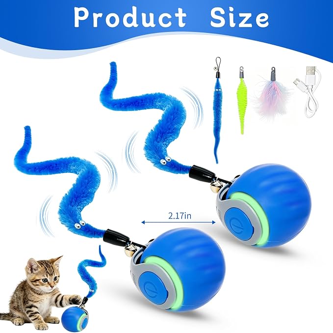 Interactive Cat Toy Ball - Automatic Moving Cat Ball for Indoor Cats with 3 Tails, Rechargeable Silent Kitten Toy for Boredom & Exercise, Rolling Ball Toy with 2 Modes & 2 Speeds.