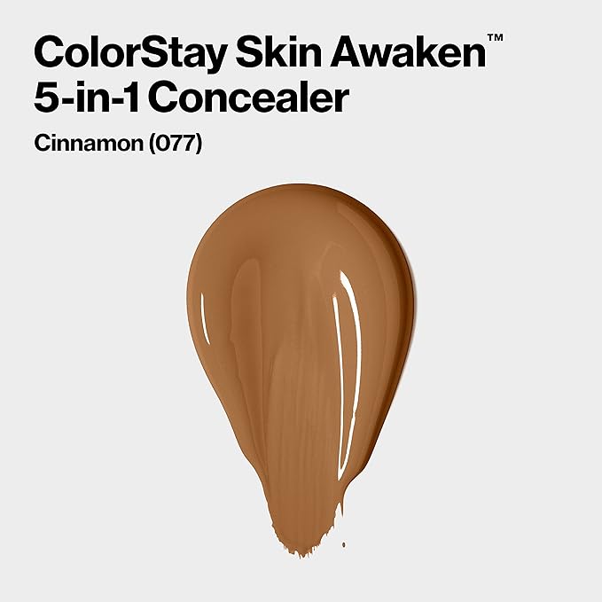 Revlon ColorStay Skin Awaken 5-in-1 Concealer, Lightweight, Creamy Longlasting Face Makeup with Caffeine & Vitamin C, For Imperfections, Dark Circles & Redness, 077 Cinnamon, 0.27 Fl Oz