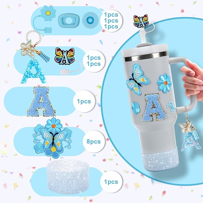 15PCS Cup Accessories Set for Stanley Cup 30oz 40oz Tumbler with Handle, Including Silicone Straw Cover and Boot, Spill Proof Stopper, Stanley Charms, Handle Charm, Initials Sticker