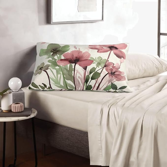 Spring Floral Pillow Covers 12x20 Inches Set of 2 Sage Green Pink Floral Throw Pillow Covers Outdoor Summer Flower Decoration Pillowcase Farmhouse Decorative Lumbar Cushion Cover For Home Sofa