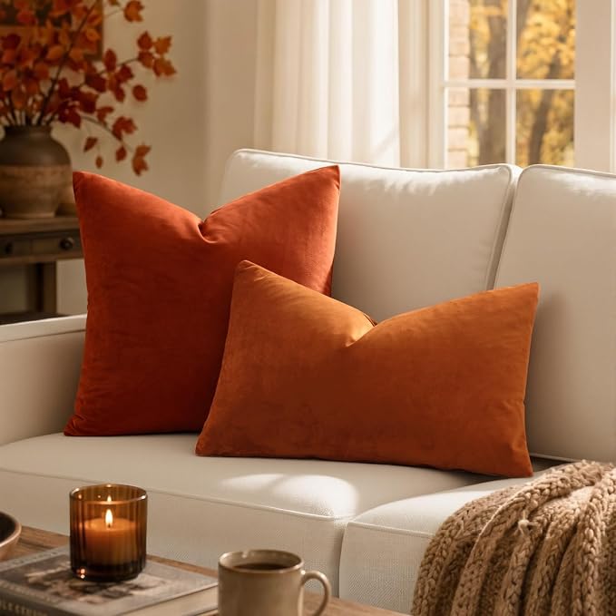 MIULEE 24x24 Inch Euro Fall Velvet Throw Pillow Cover Set of 1 Orange | Soft Luxury Decorative Throw Pillow Cover, Single Cushion Case, Home Decor for Chair Couch Sofa Bedroom Car Bed