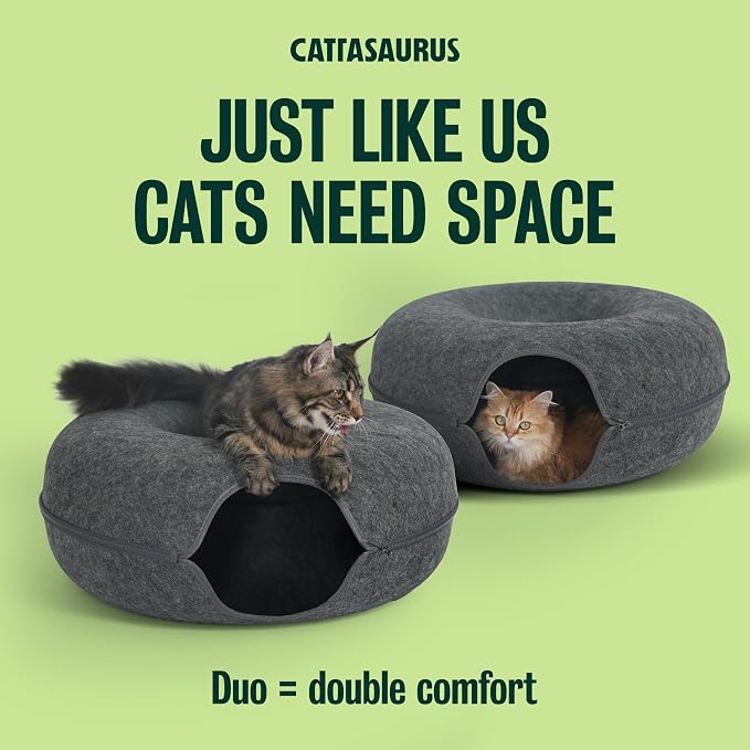 Peekaboo Cat Cave Duo Jumbo Set, Extra Spacious Cat Donut for Multiple & Large Kitty 15+ lbs, Scratch Detachable Cat Beds for Indoor Cats, Washable Cat Tunnel Bed, Best Kitten Toys