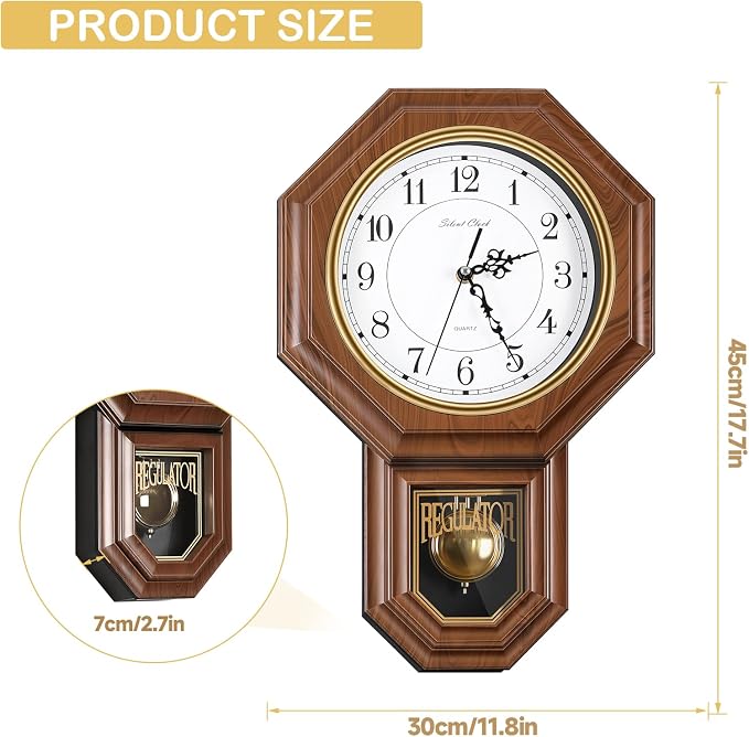 Pendulum Wall Clock,Imitation Wood Plastic Regulator Wall Clocks,Brown | Battery Operated,Non-Ticking,Retro Wall Decor Gift,Easy to Read,For Living Room,Dining Room,Schoolhouse,Farmhouse