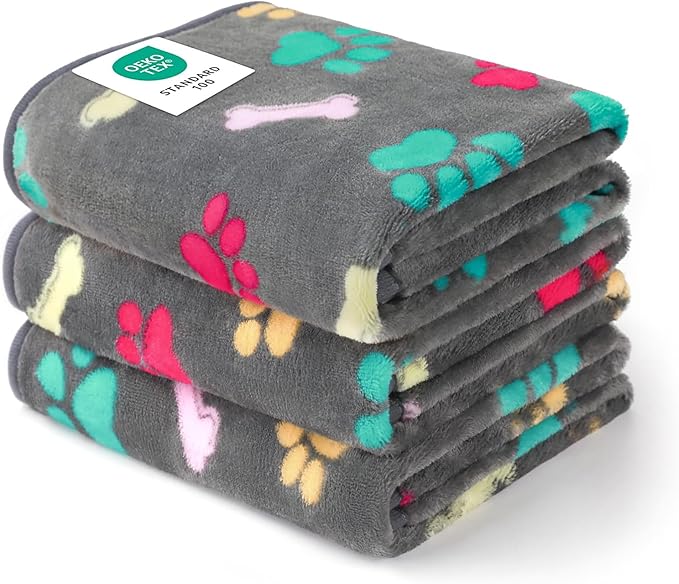 Luciphia 1 Pack 3 Blankets Fluffy Premium Fleece Pet Blanket Flannel Paw Bone Printed Throw for Dog Cat(Small 23"x16", Grey) | Washable Throw Blanket for Crate, Couch, Bed, Travel. Cute Paw & Bone Print. Puppy Essential, Dog Gift,Grey