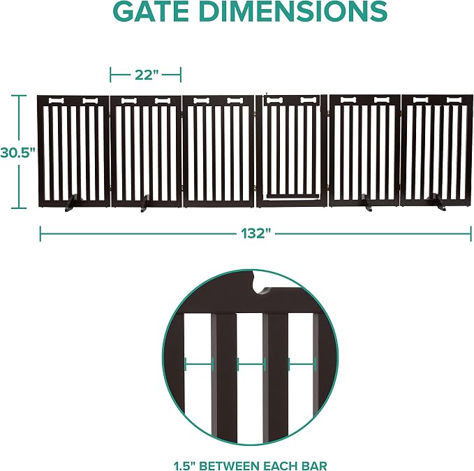 Arf Pets Freestanding Dog Gate with Door, 6 Panel 360° configurable Wooden Fence, 120" Wide, 31.5" Tall, Foldable, Four Support Feet Included, for The House - Indoor Use